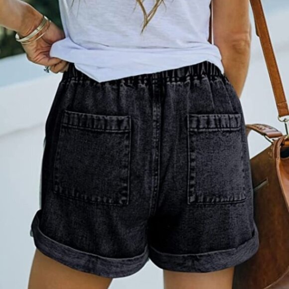 Black Jean Shorts Distressed Drawstring, Elastic Waist W/ Large Pockets - Picture 2 of 5
